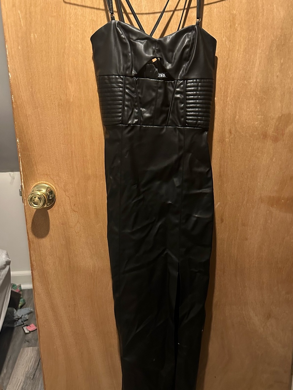 Zara Black Faux-Leather Maxi Dress with Strappy Back
